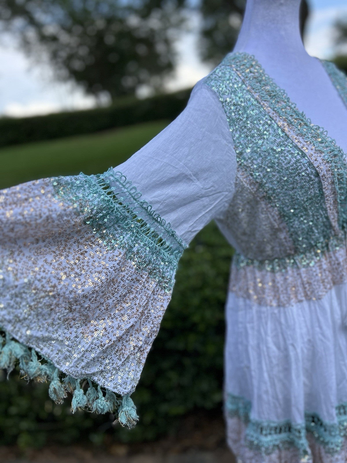 ANTICA SARTORIA 2024 WHITE AQUA GOLD TIE FRONT GORGEOUS SEQUINS OS DRESS LAST 1