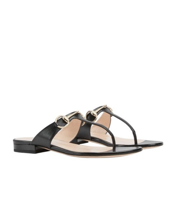 Gucci Women Horsebit Thong Sandals In Black Size 38 NIB