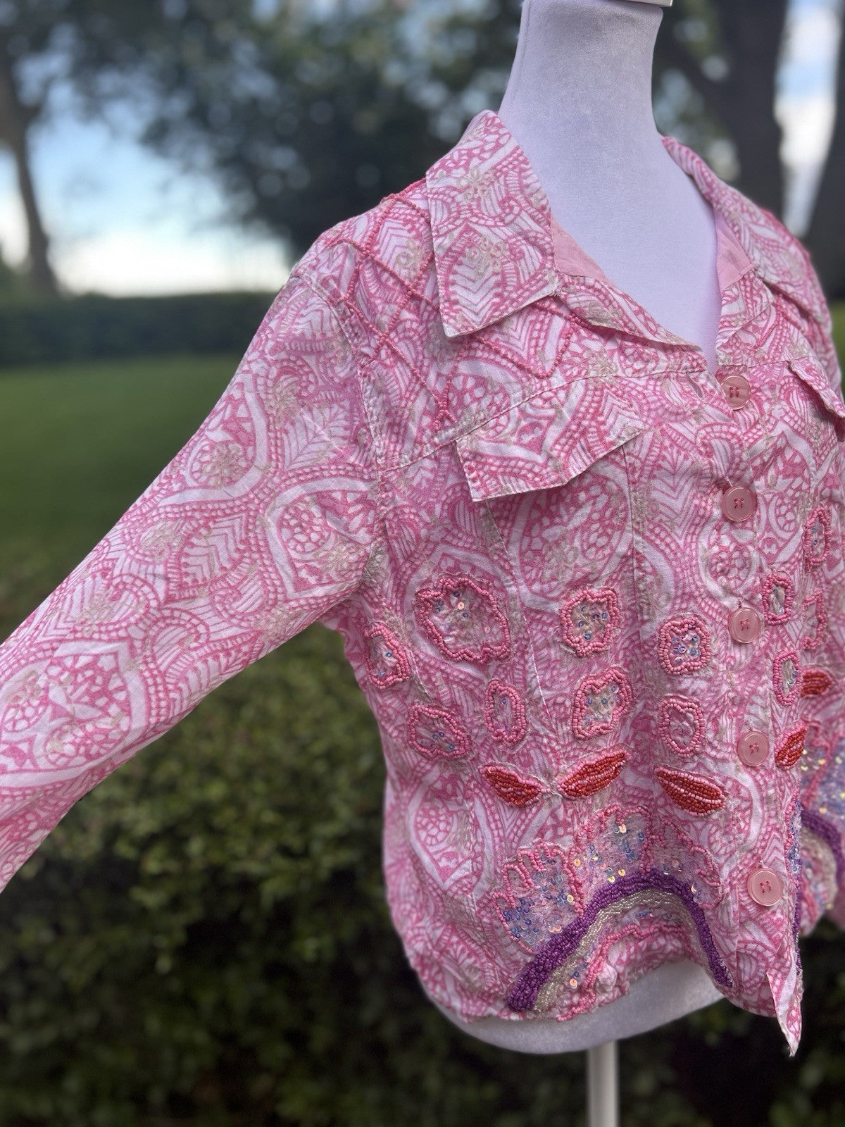 Antica Sartoria 2025 Pink White Print Antica Beaded Jacket Medium NWT