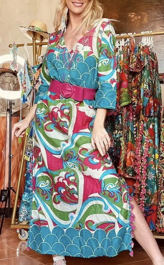 Antica Sartoria Splash & Wave Pattern Long Kaftan Dress Aqua🩵 🩷 Pink 💚🤍 S/M