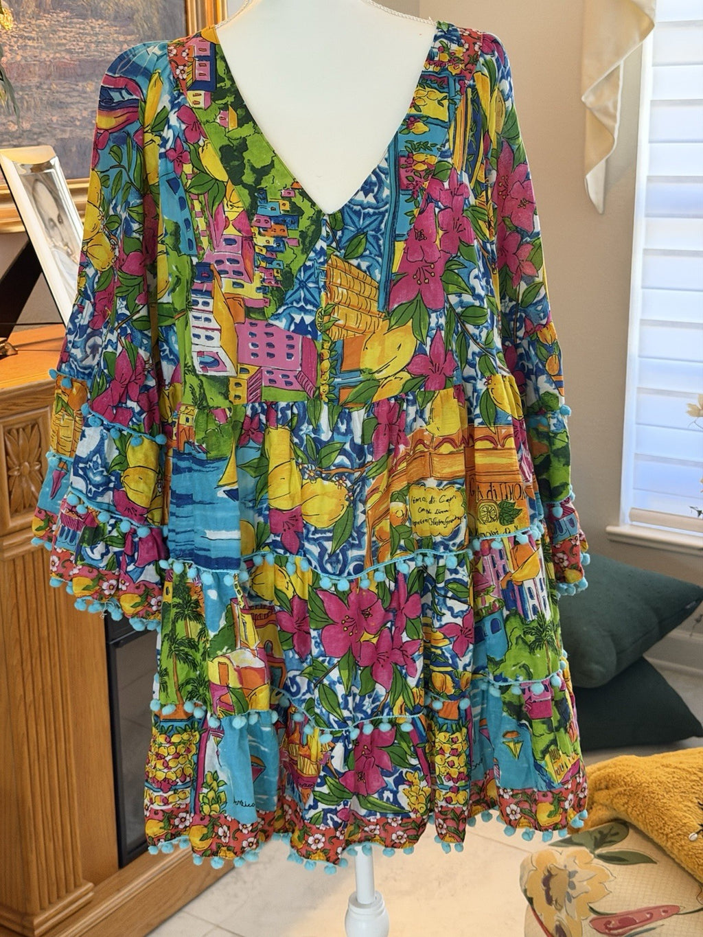 antica sartoria 2024 Capri By The Sea V Neck Pom Pom Dress NWT O/S