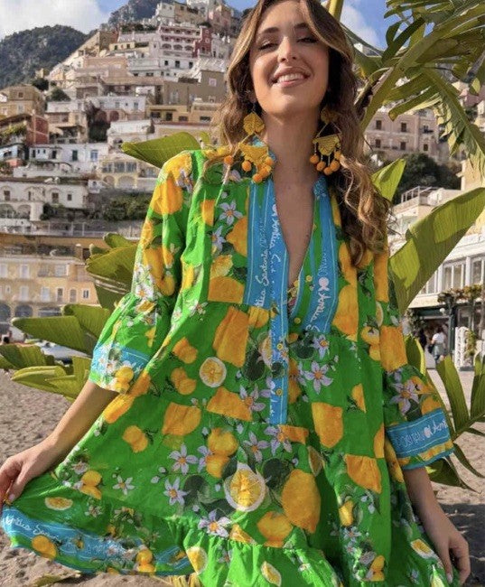 Antica Sartoria 2026 Positano 🍋 Green & Blue 4 Button Flare Dress NWT O/S