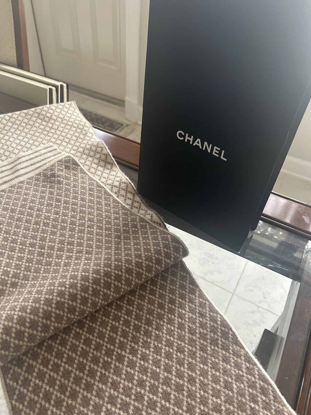 CHANEL Milk tea Beige CC Logo Cashmere Scarf Wrap Stole