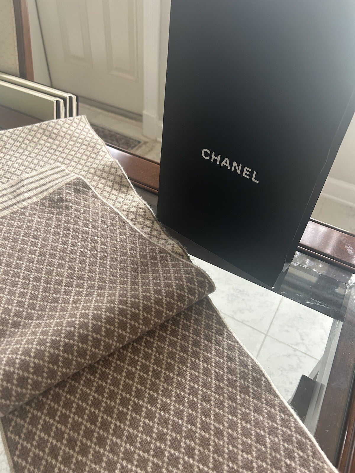 CHANEL Milk tea Beige CC Logo Cashmere Scarf Wrap Stole