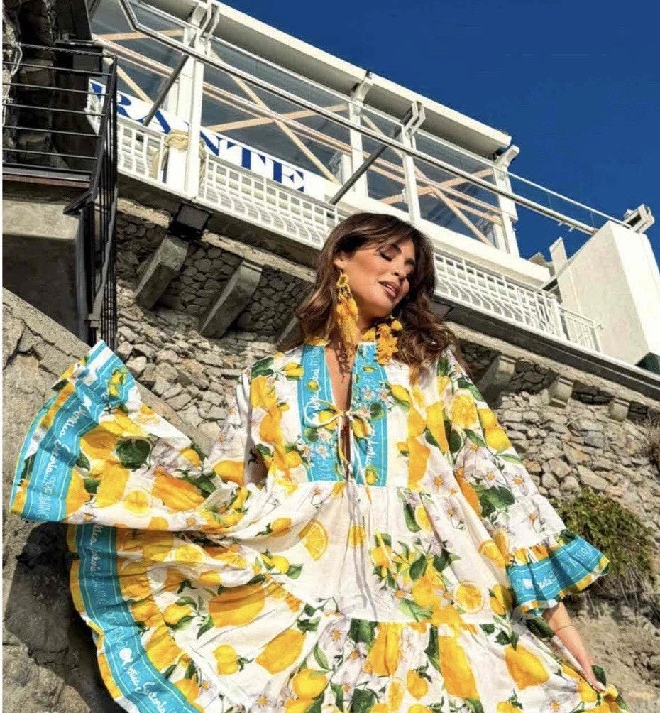 Antica Sartoria 2026 White Blue Lemon 🍋 Tie Front Dress NWT O/S
