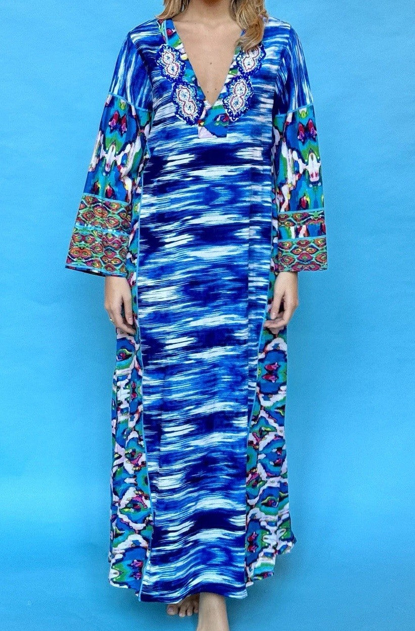 ANTICA SARTORIA BLUE WHITE SEQUINS LONG KAFTAN / DRESS NWT S / M