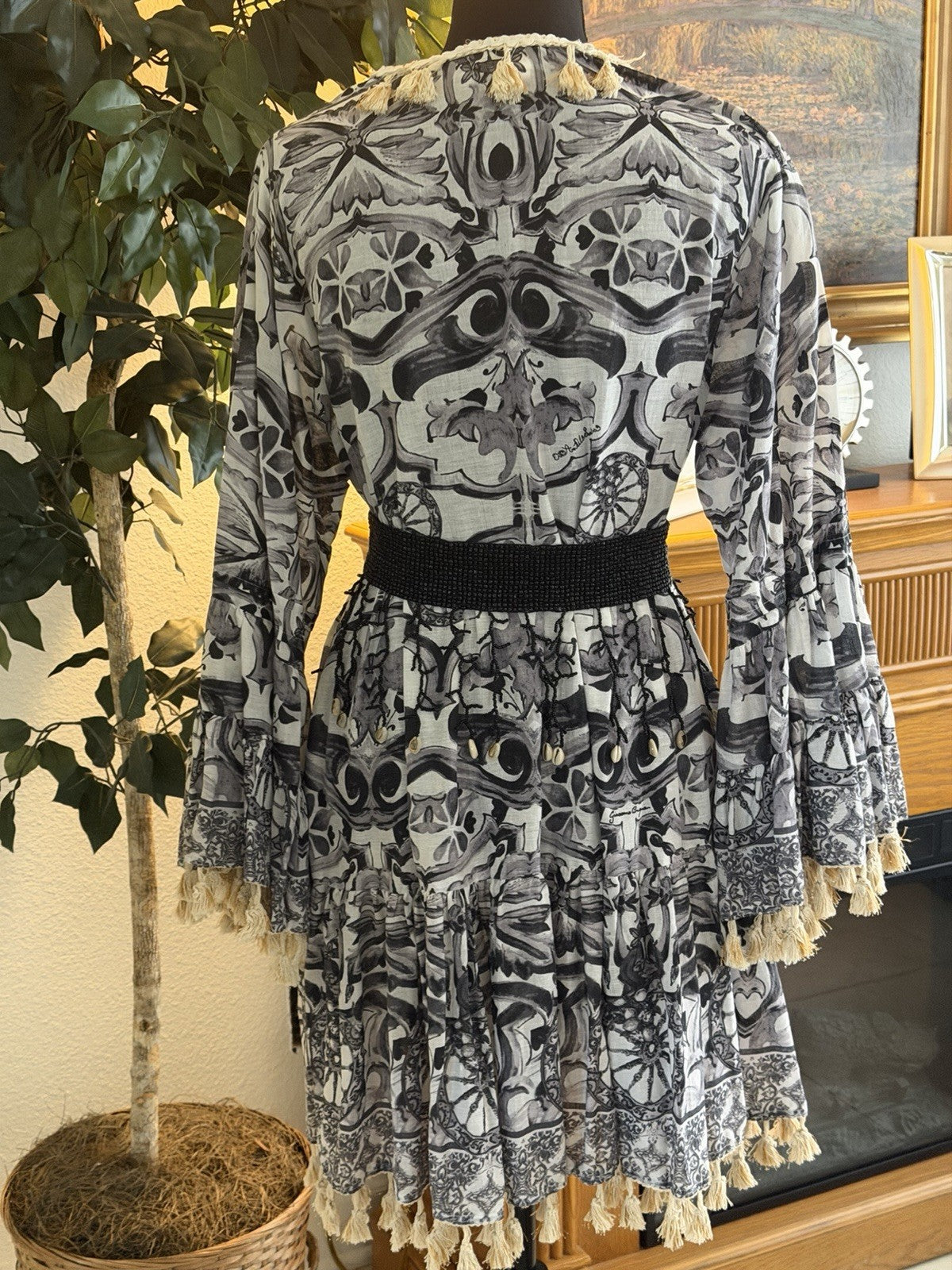Antica Sartoria Black / White Beaded Tassel Dress Nwt O/S