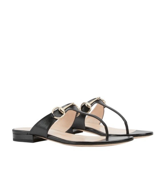 Gucci Women Horsebit Thong Sandals In Black Size 38 NIB