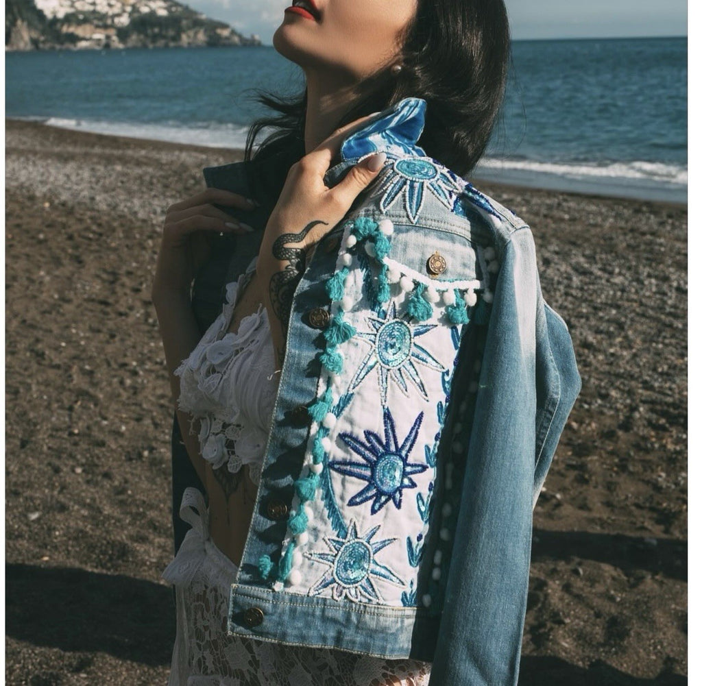 Antica Sartoria Denim Jacket With Sun Beads & Tassels Size Medium