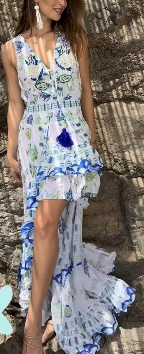 ANTICA SARTORIA 2024 Blue Green V NECK FRONT & BACK  LONG SHORT IN FRONT DRESS