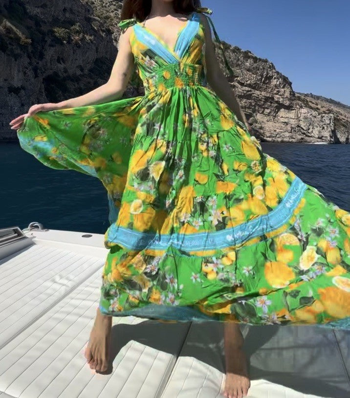Antica Sartoria 2026 Green Aqua & Lemon Strappy Long V Neck Front & Back Dress