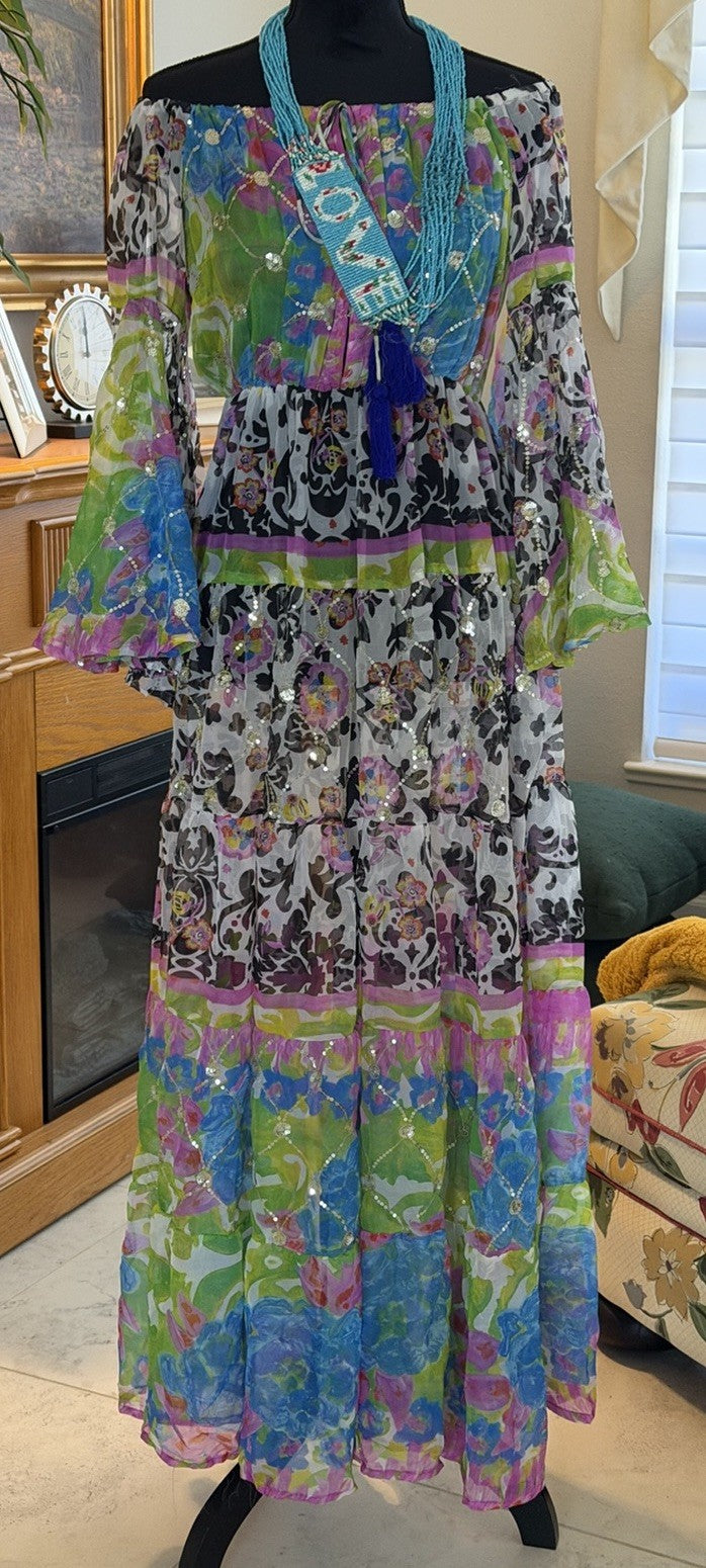 Antica Sartoria Long Beaded Green Blue Fun Print Off Shoulder O/S