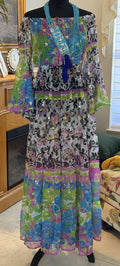 Antica Sartoria Long Beaded Green Blue Fun Print Off Shoulder O/S