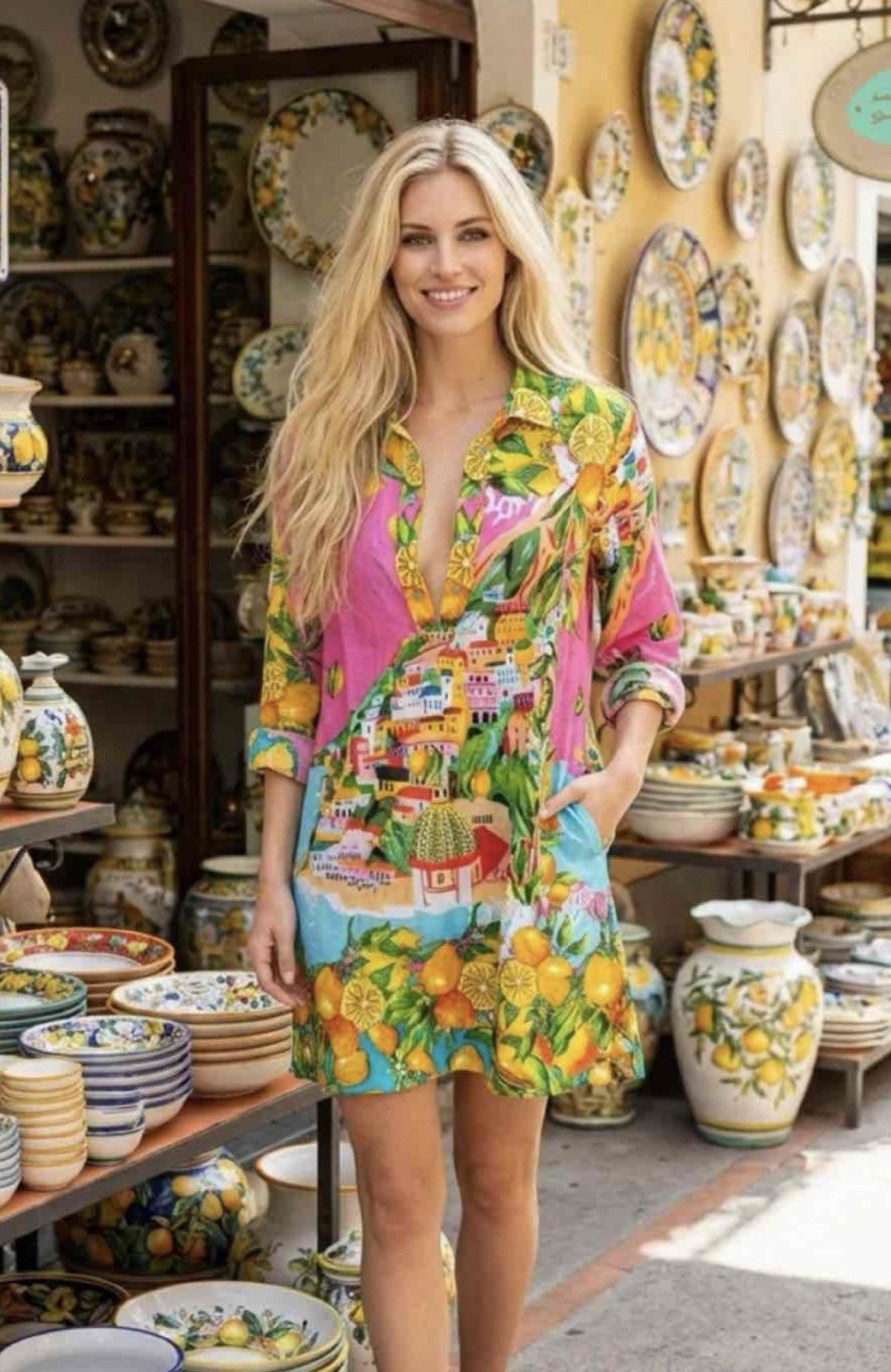 Antica Sartoria 2026 Capri By The Sea  Pink Collar Shirt NWT Medium