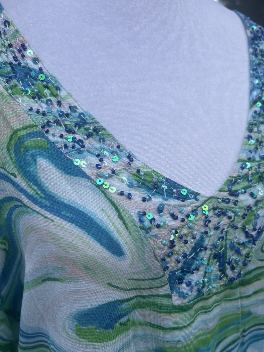 Antica Sartoria 2024 Blue Green White Swirl V Neck Beaded Kaftan Dress Nwt S/M