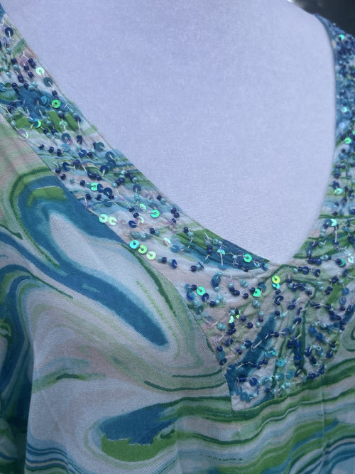 Antica Sartoria 2024 Blue Green White Swirl V Neck Beaded Kaftan Dress Nwt S/M