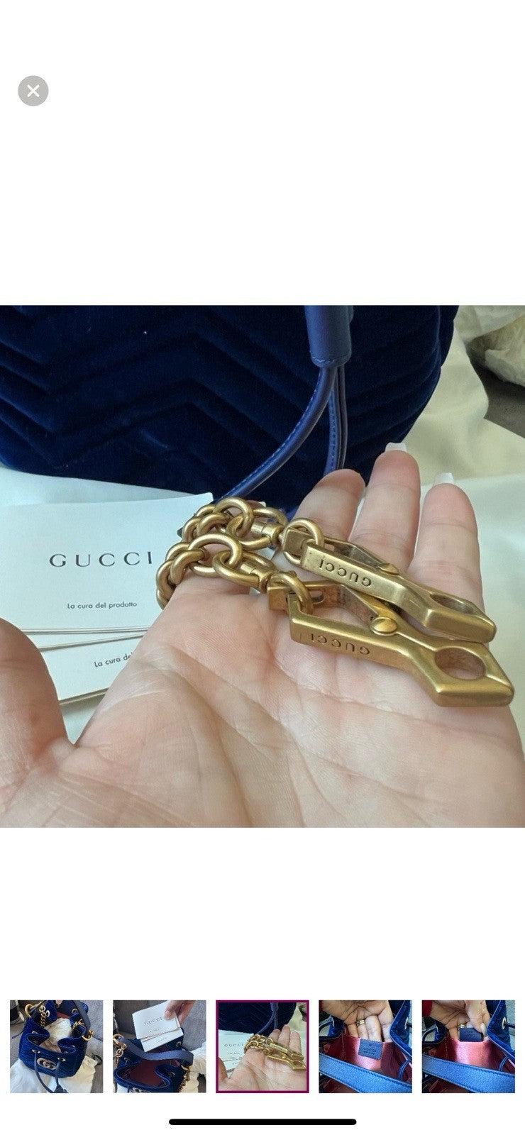 Gucci Navy Velvet bucket Bag with Gold Details Crossbody detachable Chain