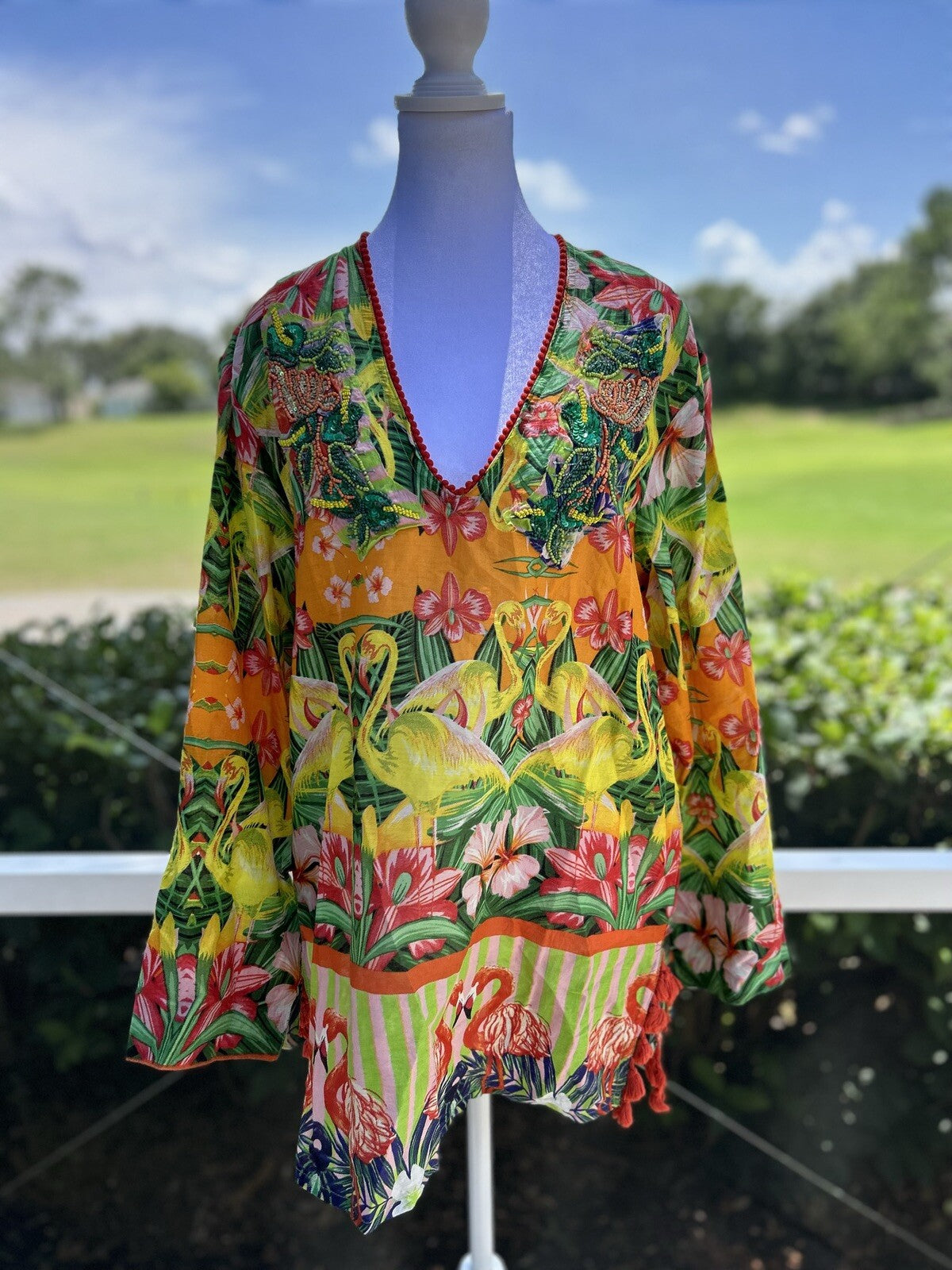 ANTICA SARTORIA YELLOW ORANGE GREEN FLAMINGO SEQUIN SHIRT  COVERUP S/M 🦩💛🧡💚