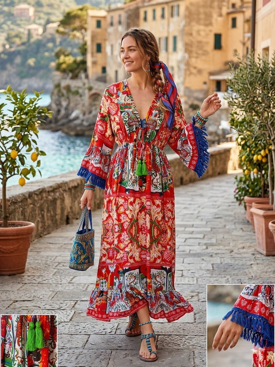 Antica Sartoria Red Asian Print Gorgeous Beaded Dress Nwt O/S
