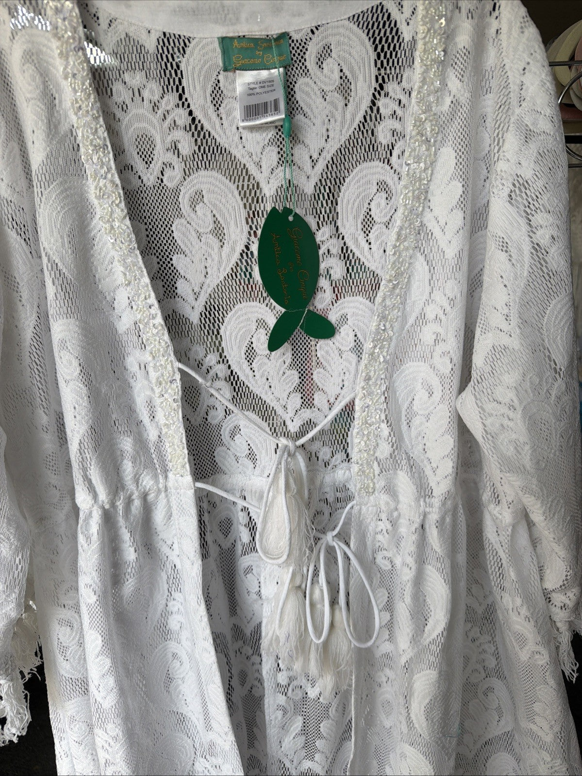 Antica Sartoria White On White Flower  Embroidered Beaded Tie Front Short Kaftan