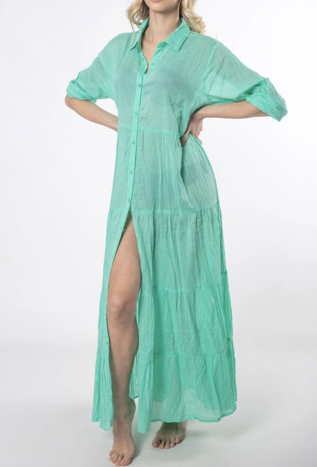 ANTICA SARTORIA 2025 AQUA BUTTON DOWN LONG DRESS/MUMU KAFTAN NWT O/S