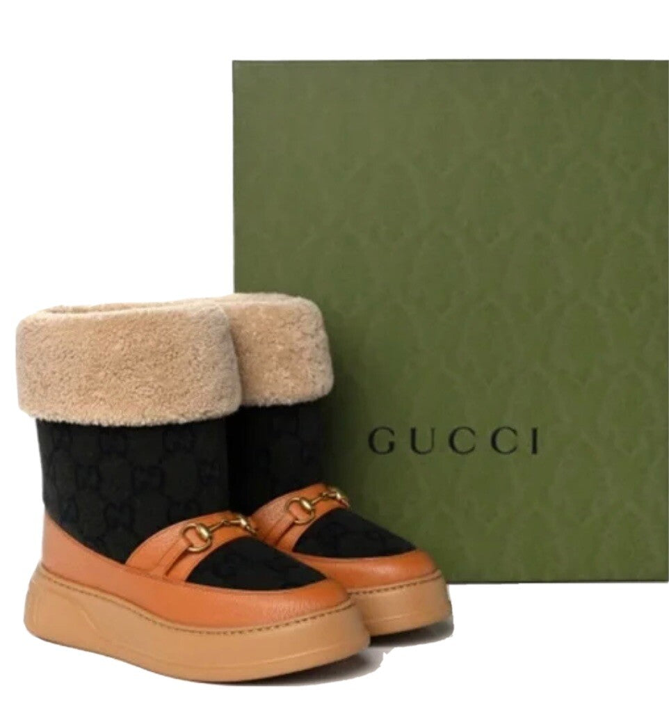 Gucci Interlocking GG Wool Monogram Shearling Boots Size 39+ NEW In BOX