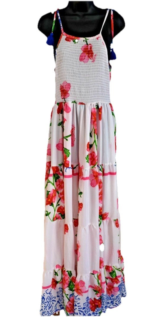 ANTICA SARTORIA 2026 WHITE WITH PINK FLOWER SMOCKED TOP LONG DRESS Nwt O/S