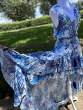 Antica Sartoria Long Back Short Front Blue & White Corals V Neck V Back Dress OS