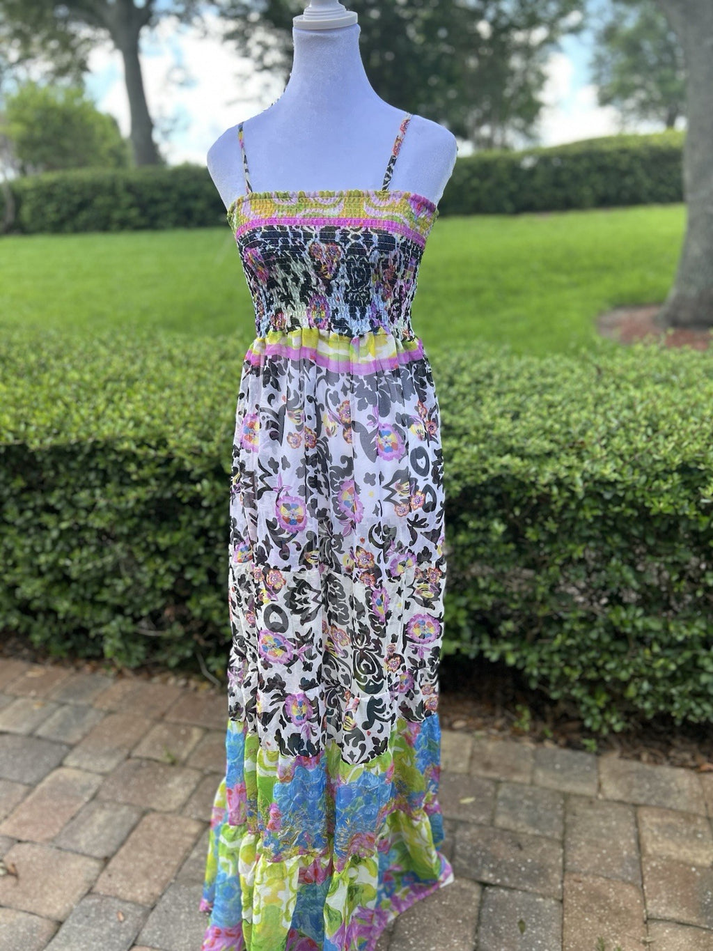 Antica Sartoria Lime & Pink Blue Fun print STRAPPY  Smocked Top Dress NWT O/S