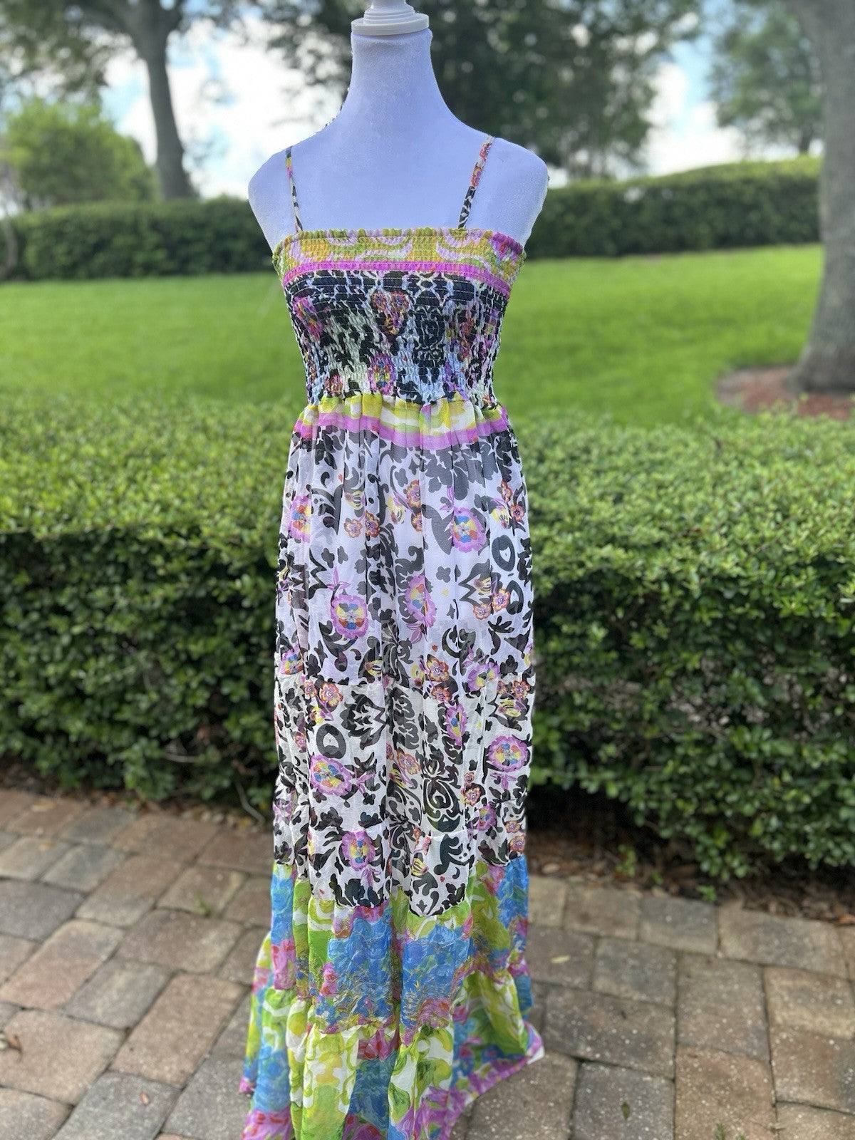Antica Sartoria Lime & Pink Blue Fun print STRAPPY  Smocked Top Dress NWT O/S