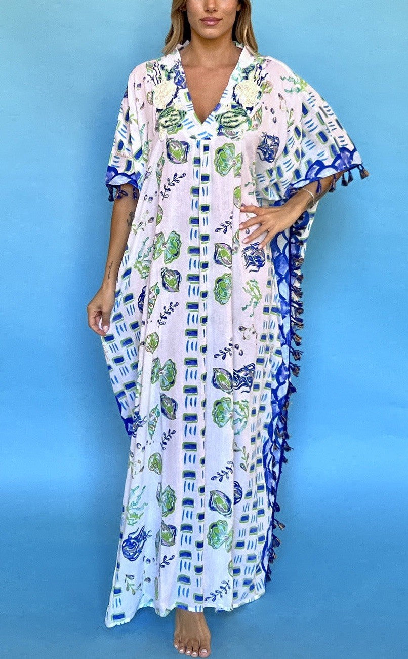 ANTICA SARTORIA 2024 BLUE GREEN & WHITE CLAMS MUMU/DRESS/KAFTAN NWT O/S Last One