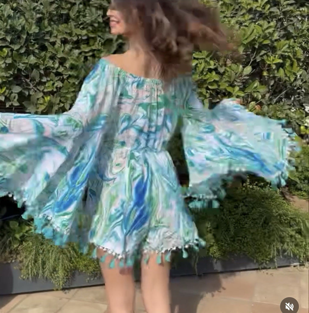 Antica Sartoria 2024 Blue & Green Swirls Beaded Romper One Piece NWT O/S
