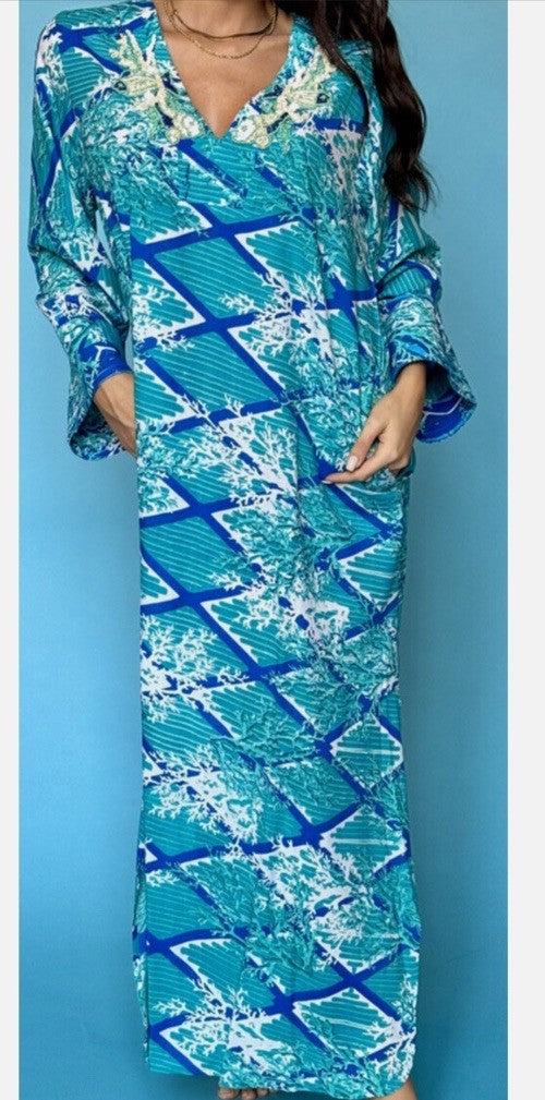 ANTICA SARTORIA 2024 AQUA & WHITE FISH & CORAL LONG MUMU/DRESS/KAFTAN S/M NWT