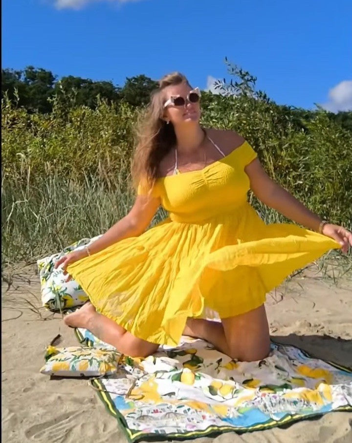 Antica Sartoria 2025 Smocked Sunny Yellow Off Shoulder Dress Nwt