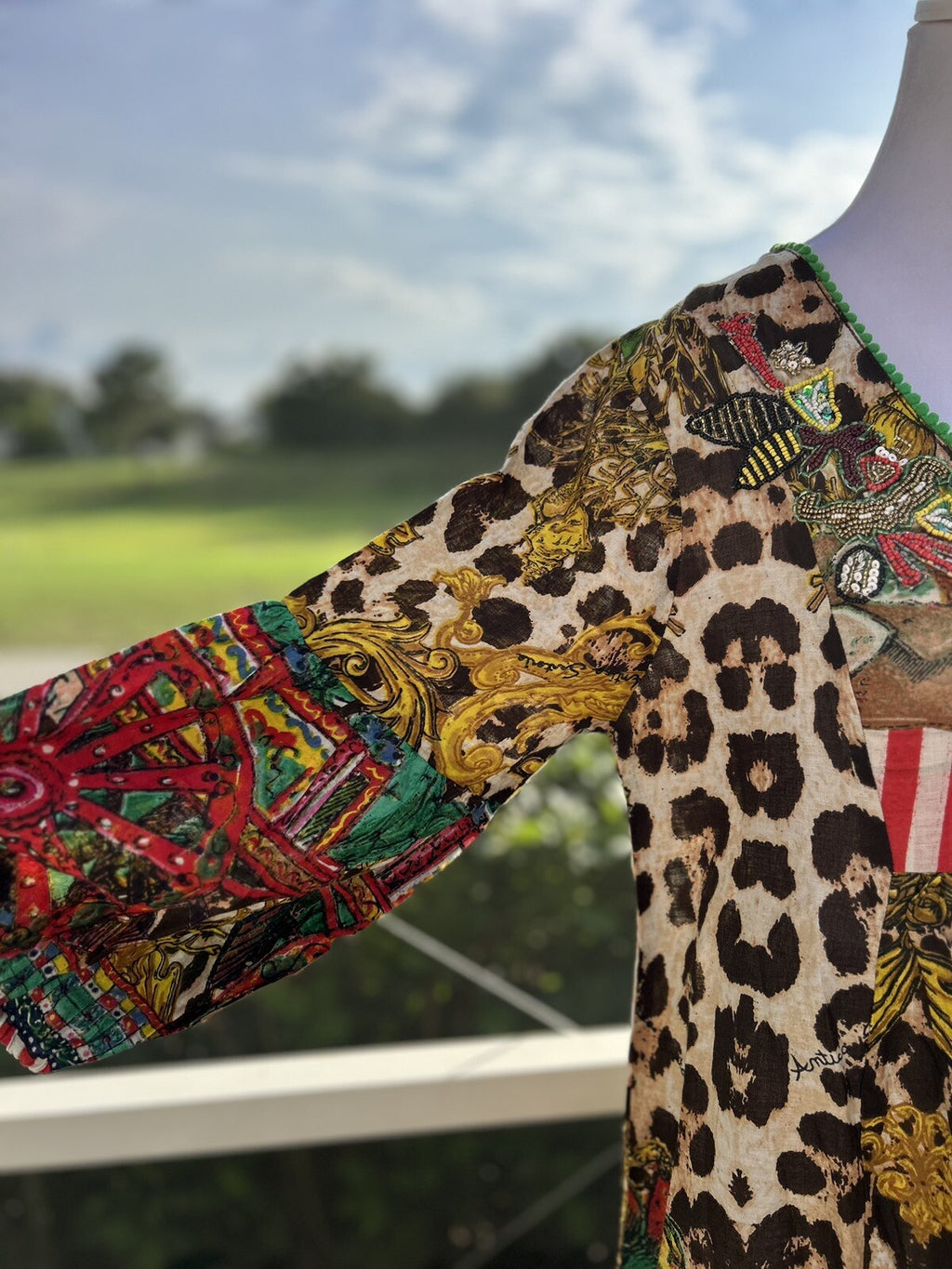 Antica Sartoria Brown Leopard & Green Cactus Dress with beads on top NWT O/S