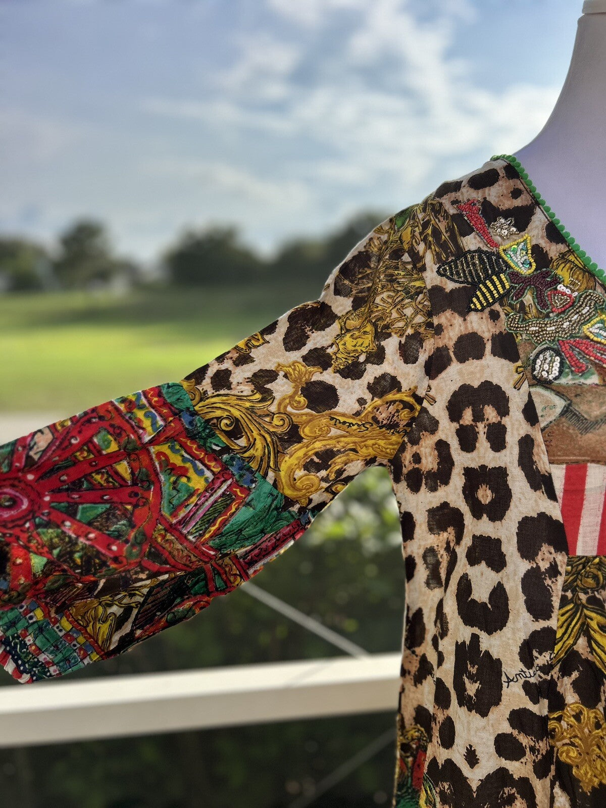 Antica Sartoria Brown Leopard & Green Cactus Dress with beads on top NWT O/S