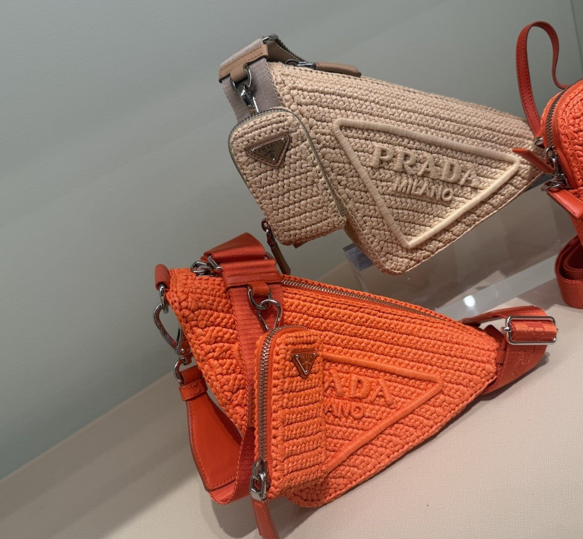 Prada Triangle Logo Raffia Effect Crochet Shoulder Bag Gorgeous Orange Color New