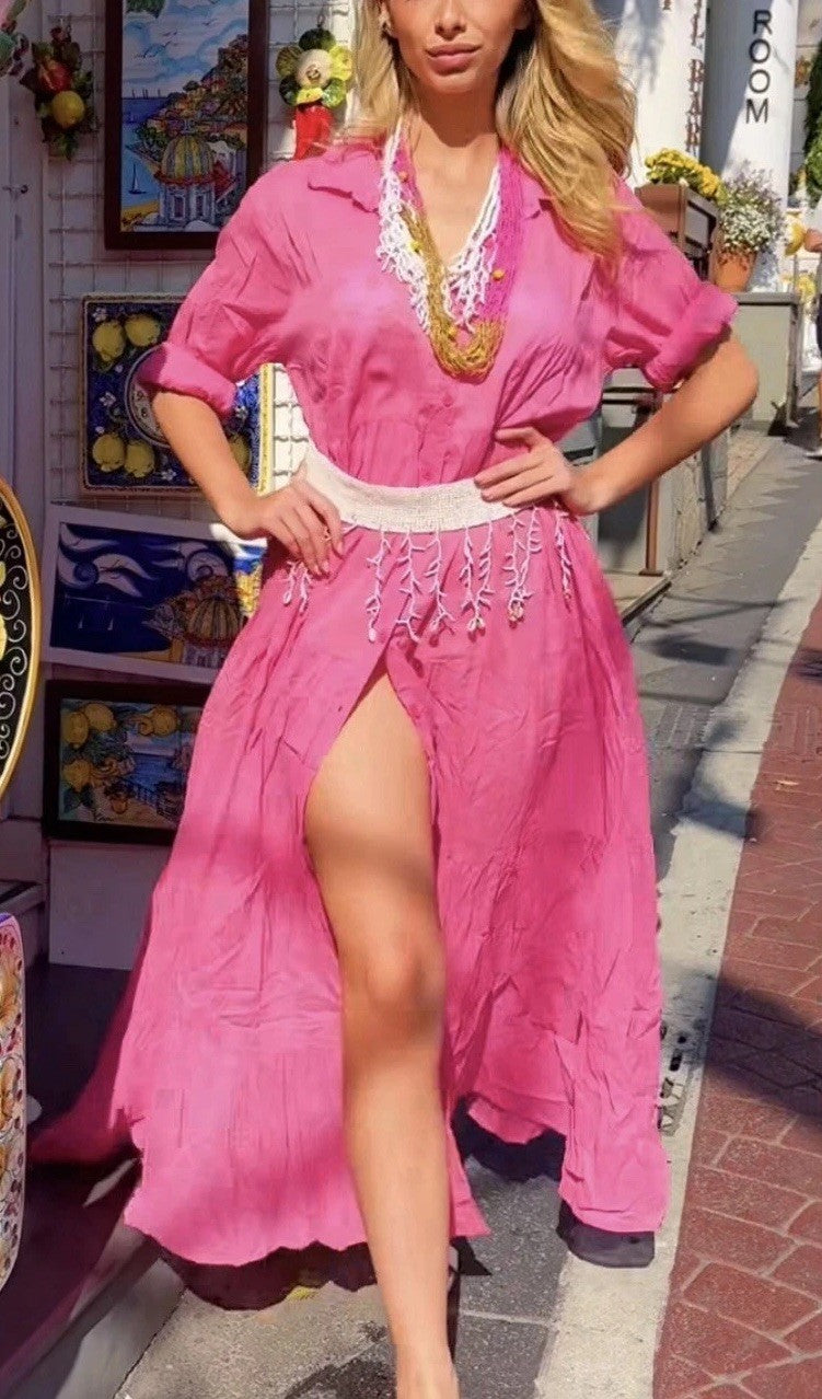 ANTICA SARTORIA 2025 PINK BUTTON DOWN LONG DRESS/MUMU KAFTAN NWT O/S
