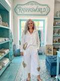 Made In Italy 100% Linen Pants Top Beade Set White NWT O/S