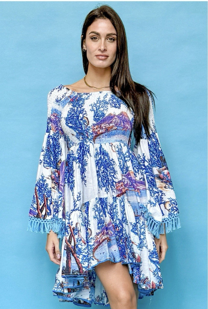 Antica Sartoria 2024 Blue White Coral Off Shoulder Dress Nwt O/S Gorgeous