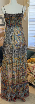 Antica Sartoria Smocked Top Sequins Long Animal Print Chiffon Dress O/S