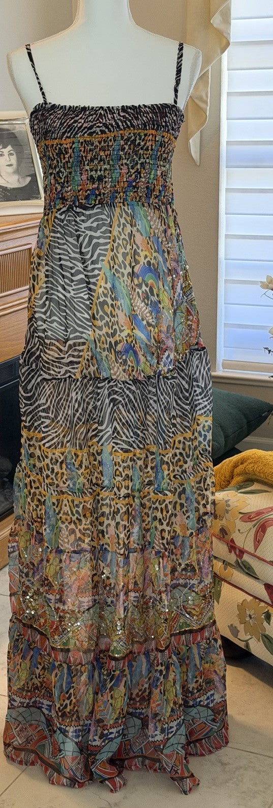 Antica Sartoria Smocked Top Sequins Long Animal Print Chiffon Dress O/S