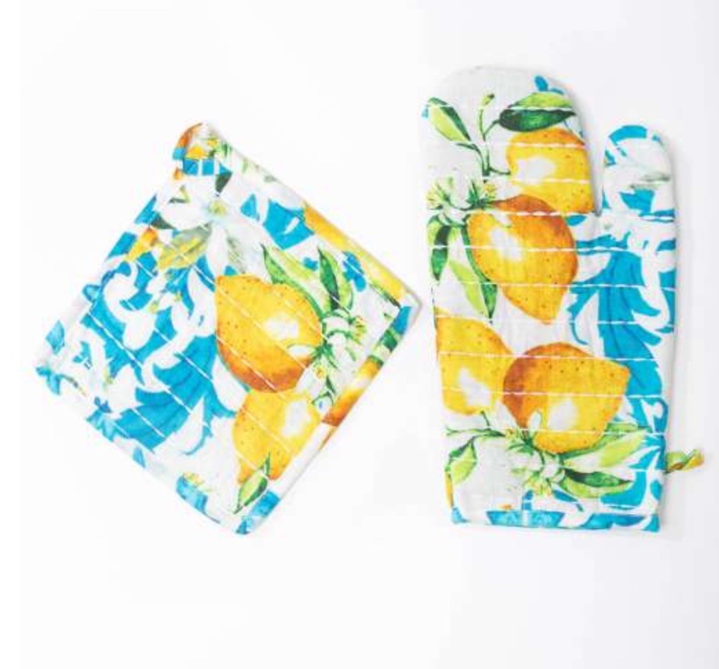 Antica Sartoria 2025 Lemon 🍋 Blue Design Apron Pot Holder Mitten Great Gift Nwt