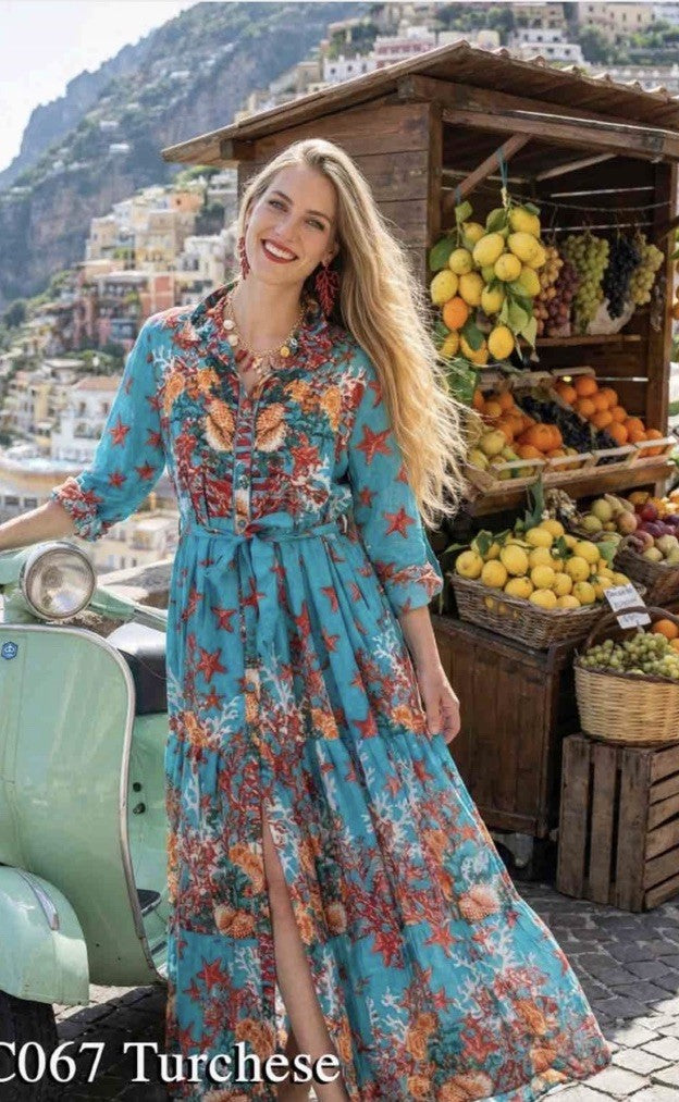 Antica Sartoria 2026 Aqua Coral Fish & Stars Long Flowy Belted Button Down Dress