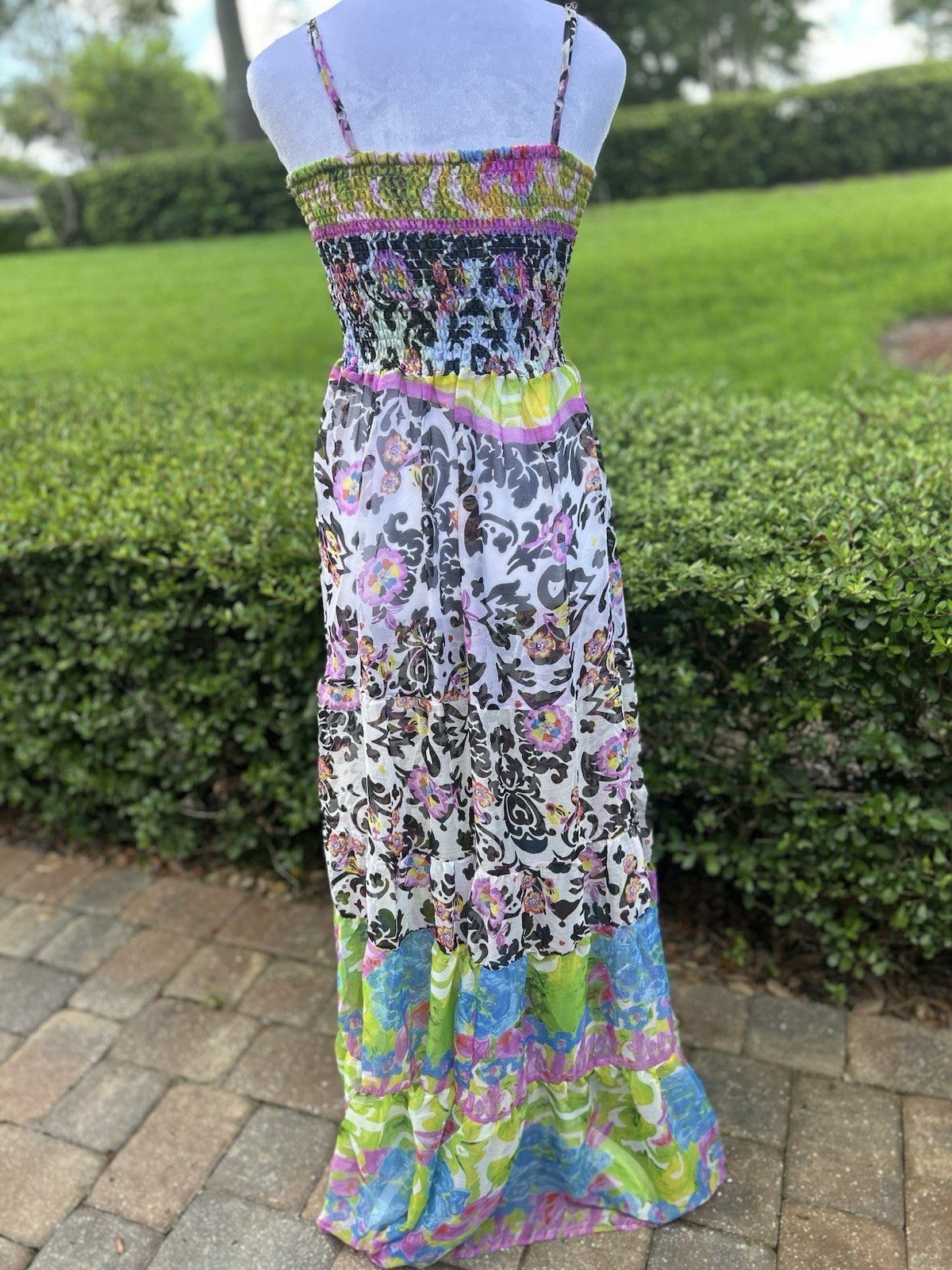 Antica Sartoria Lime & Pink Blue Fun print STRAPPY  Smocked Top Dress NWT O/S