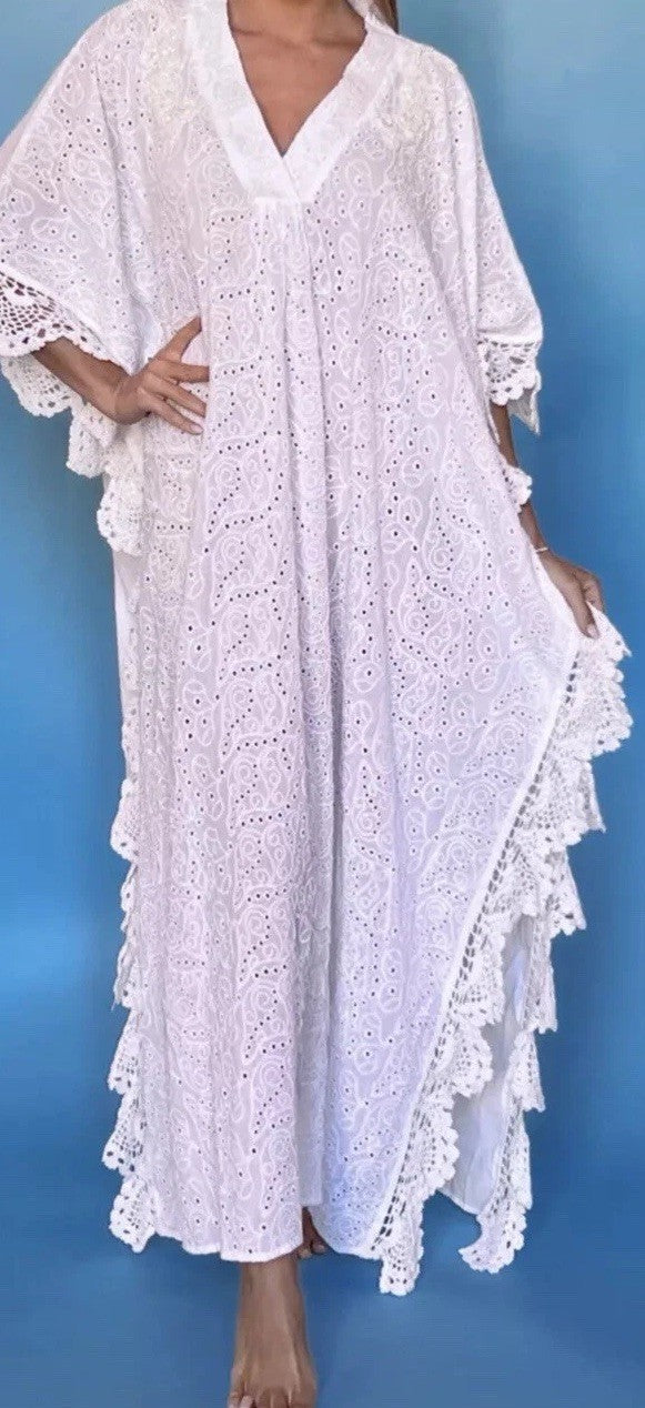ANTICA SARTORIA White With Beading Long Kaftan /dress /mumu Beautiful NWT OS/XXL