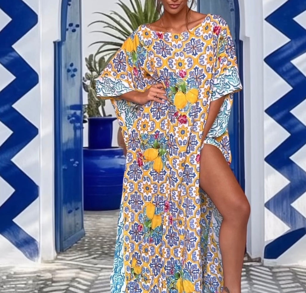 Antica Sartoria 2024 Lemon & Blue Orange Kaftan Mumu O/S XXL NWT