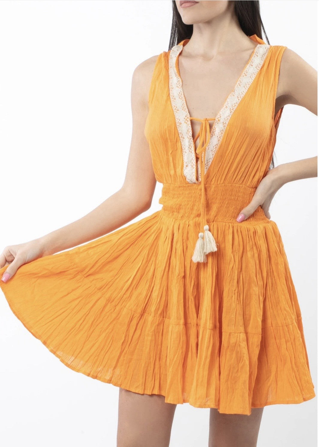 Antica Sartoria Cantalope Orange V Neck With Tie Elastic Waist Dress NWT O/S