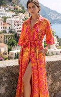 ANTICA SARTORIA 2026 PINK & ORANGE CORAL BUTTON DOWN BELTED LONG DRESS NWT L/XL