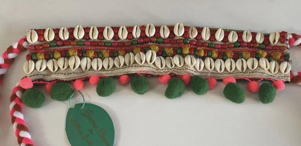 ANTICA SARTORIA MULTI COLORED BELT WITH SHELLS & POMPOMS NWT
